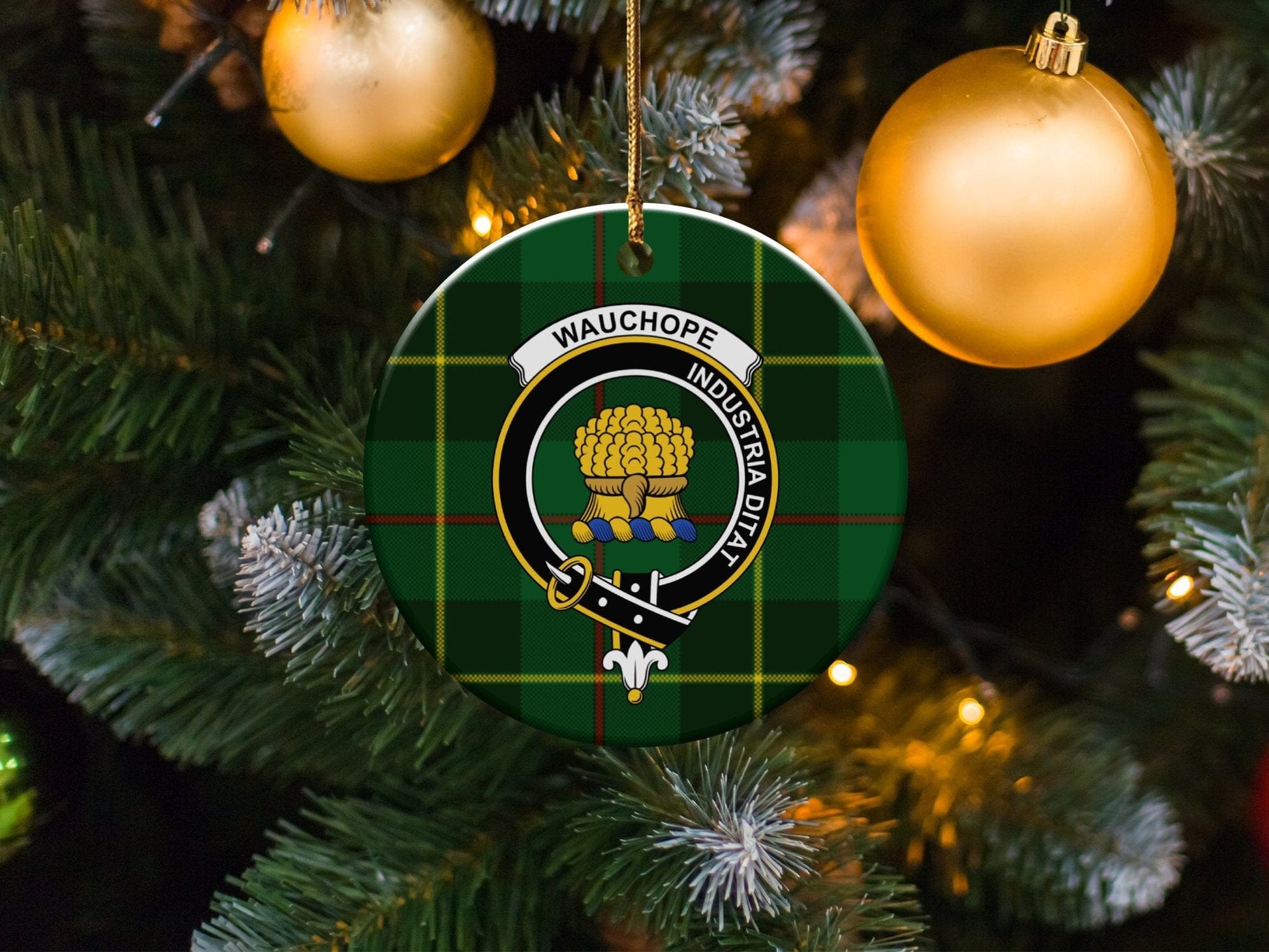 Physical Item 3" / White Wauchope Clan Crest Christmas Ornaments on Tartan Background