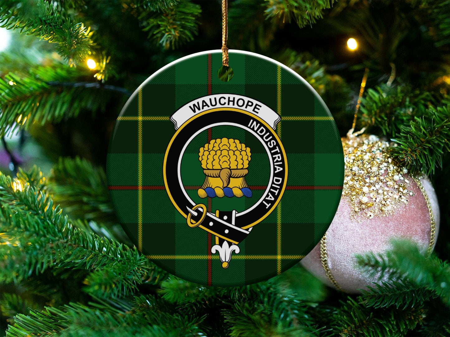 Physical Item 3" / White Wauchope Clan Crest Christmas Ornaments on Tartan Background