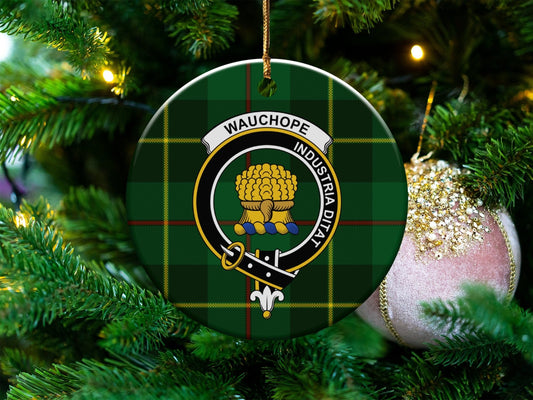 Physical Item 3" / White Wauchope Clan Crest Christmas Ornaments on Tartan Background