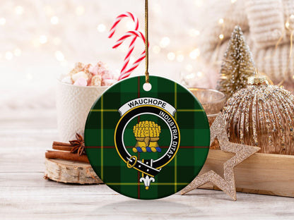 Physical Item 3" / White Wauchope Clan Crest Christmas Ornaments on Tartan Background