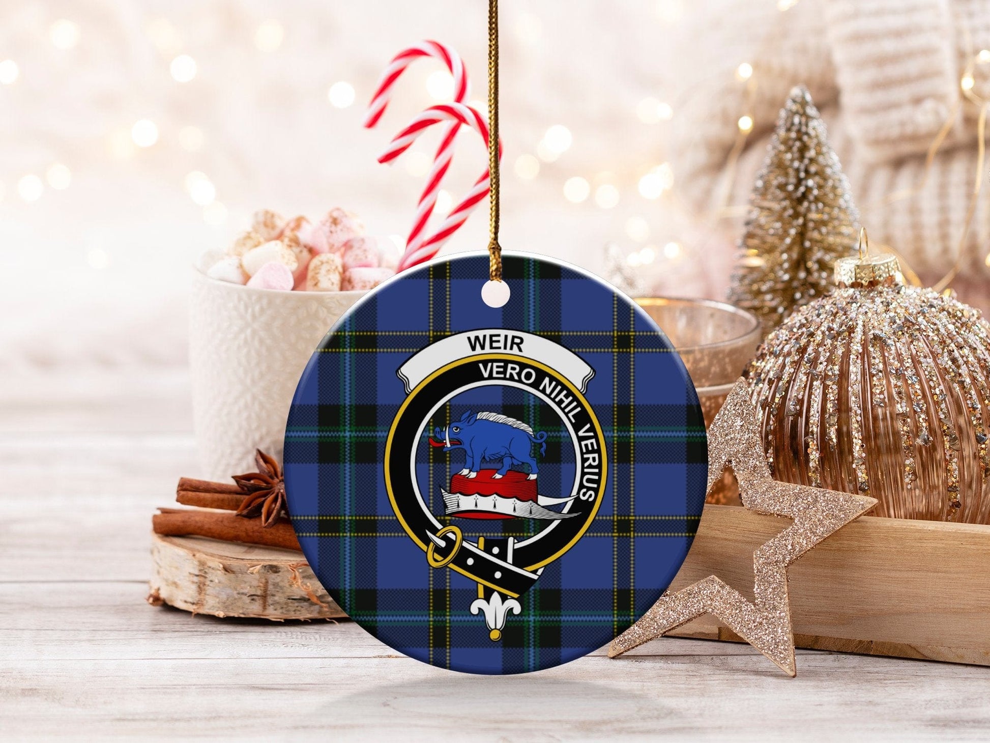 Physical Item 3" / White Weir Clan Crest Christmas Tartan Background Ornaments