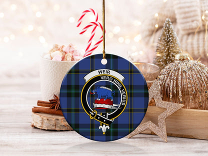 Physical Item 3" / White Weir Clan Crest Christmas Tartan Background Ornaments