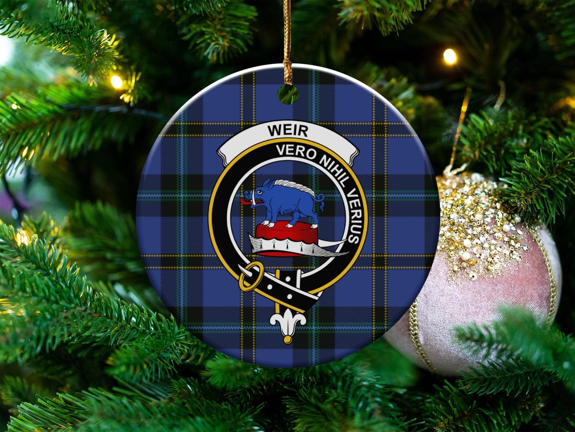 Physical Item 3" / White Weir Clan Crest Christmas Tartan Background Ornaments