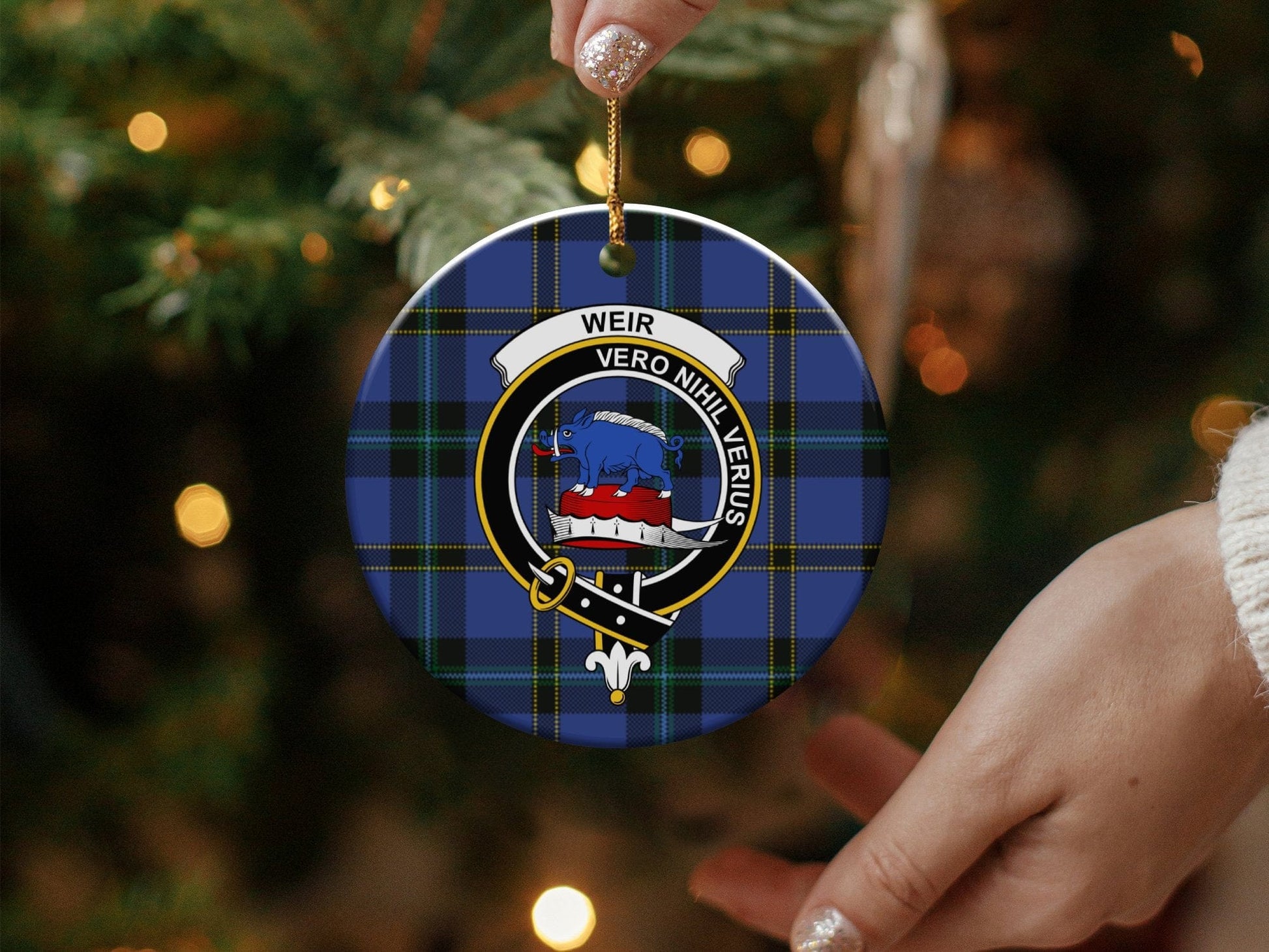 Physical Item 3" / White Weir Clan Crest Christmas Tartan Background Ornaments