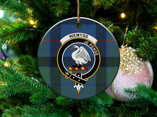 Physical Item 3" / White Wemyss Scottish Clan Crest Christmas Tartan Ornaments