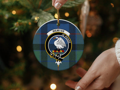 Physical Item 3" / White Wemyss Scottish Clan Crest Christmas Tartan Ornaments