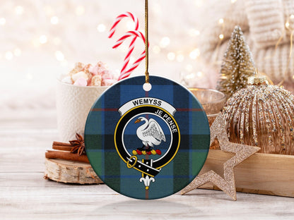 Physical Item 3" / White Wemyss Scottish Clan Crest Christmas Tartan Ornaments