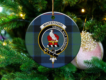 Physical Item 3" / White Whitefoord Clan Crest Tartan Background Ornaments