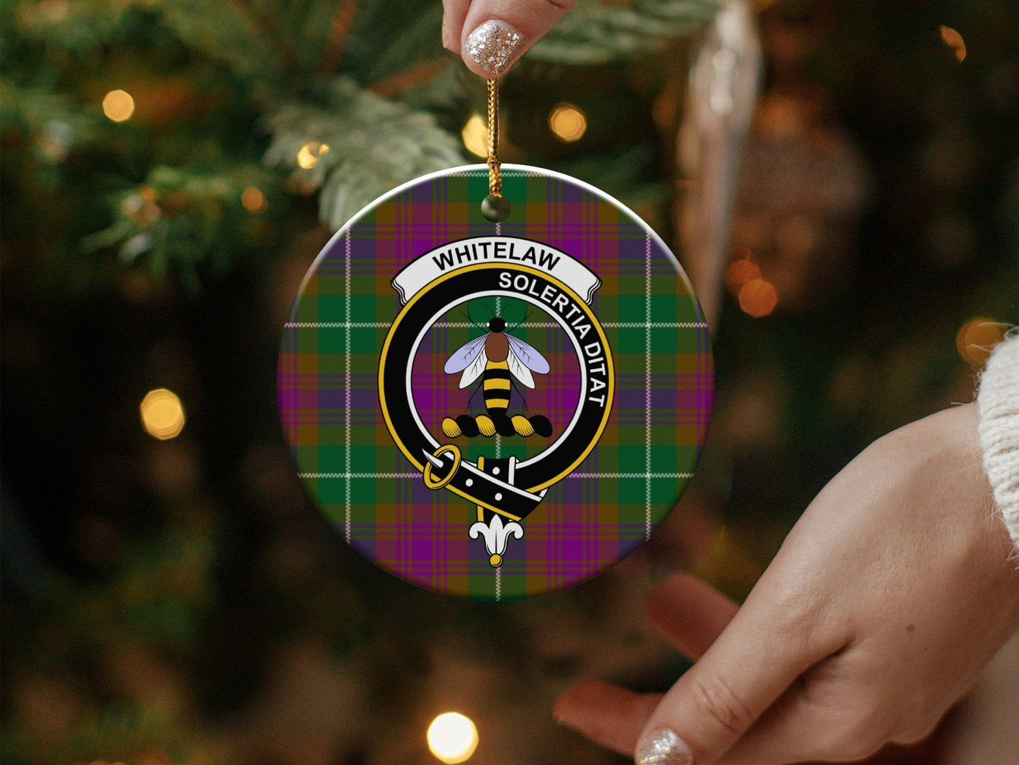 Physical Item 3" / White Whitelaw Clan Tartan Crest Christmas Ornaments