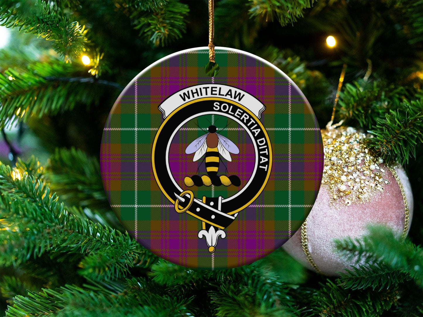 Physical Item 3" / White Whitelaw Clan Tartan Crest Christmas Ornaments