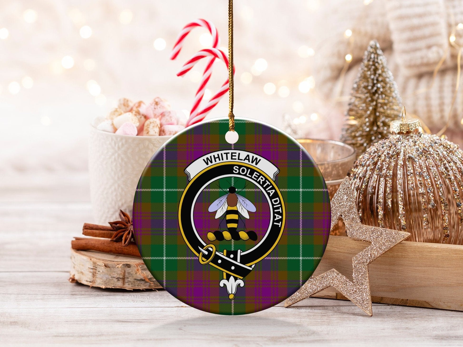 Physical Item 3" / White Whitelaw Clan Tartan Crest Christmas Ornaments