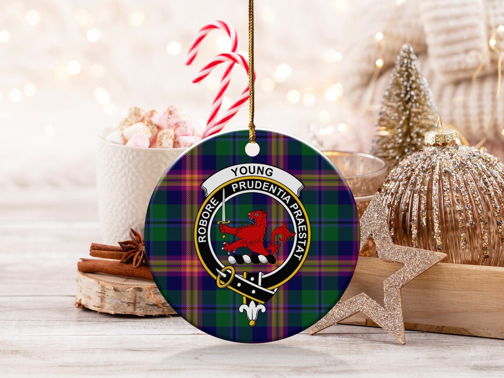 Physical Item 3" / White Young Clan Crest Christmas Ceramic Ornament Tartan Background