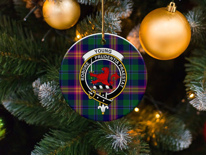 Physical Item 3" / White Young Clan Crest Christmas Ceramic Ornament Tartan Background