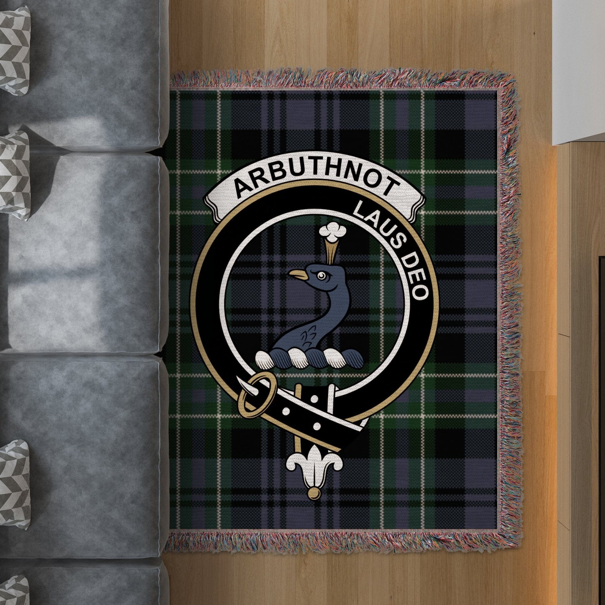 Physical Item 50" x 60" Arbuthnot Clan Scottish Tartan Crest Woven Blanket