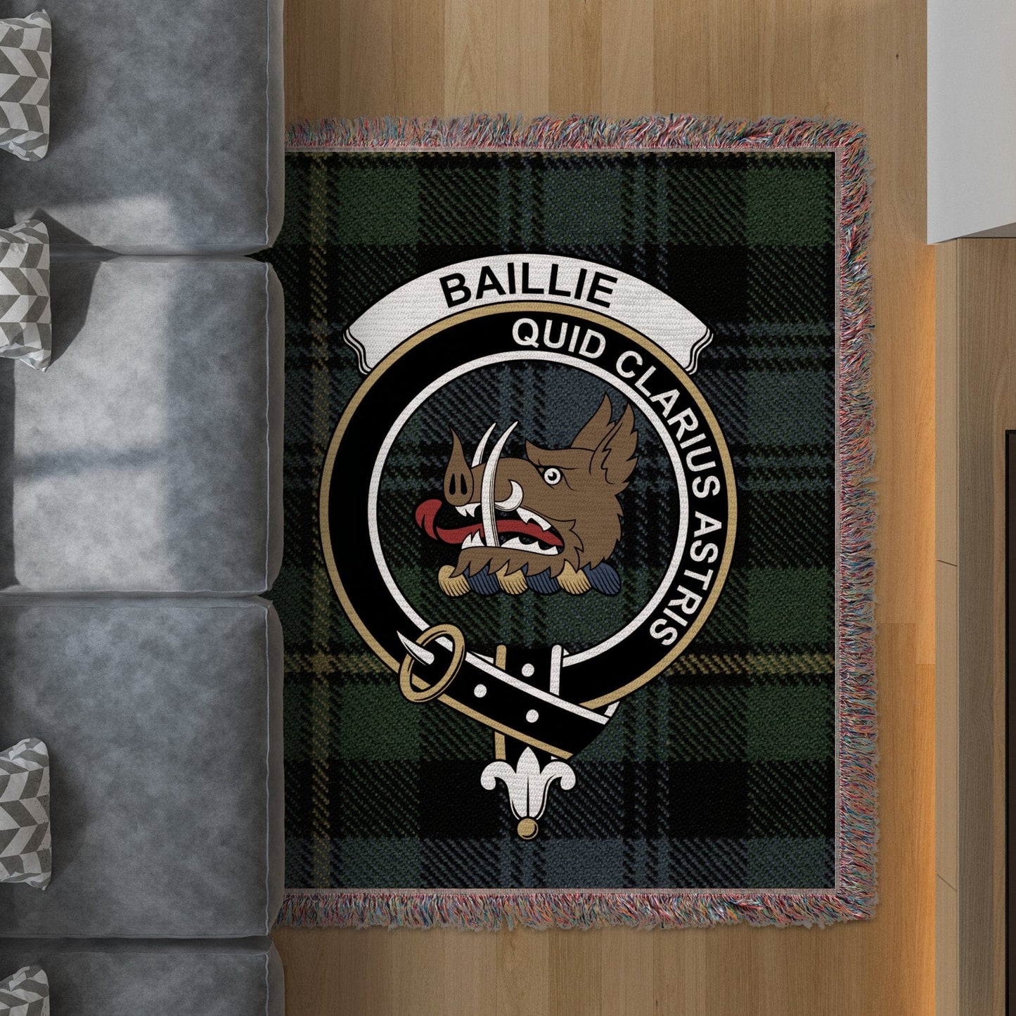 Physical Item 50" x 60" Baillie Clan Crest on Tartan Background Woven Blanket