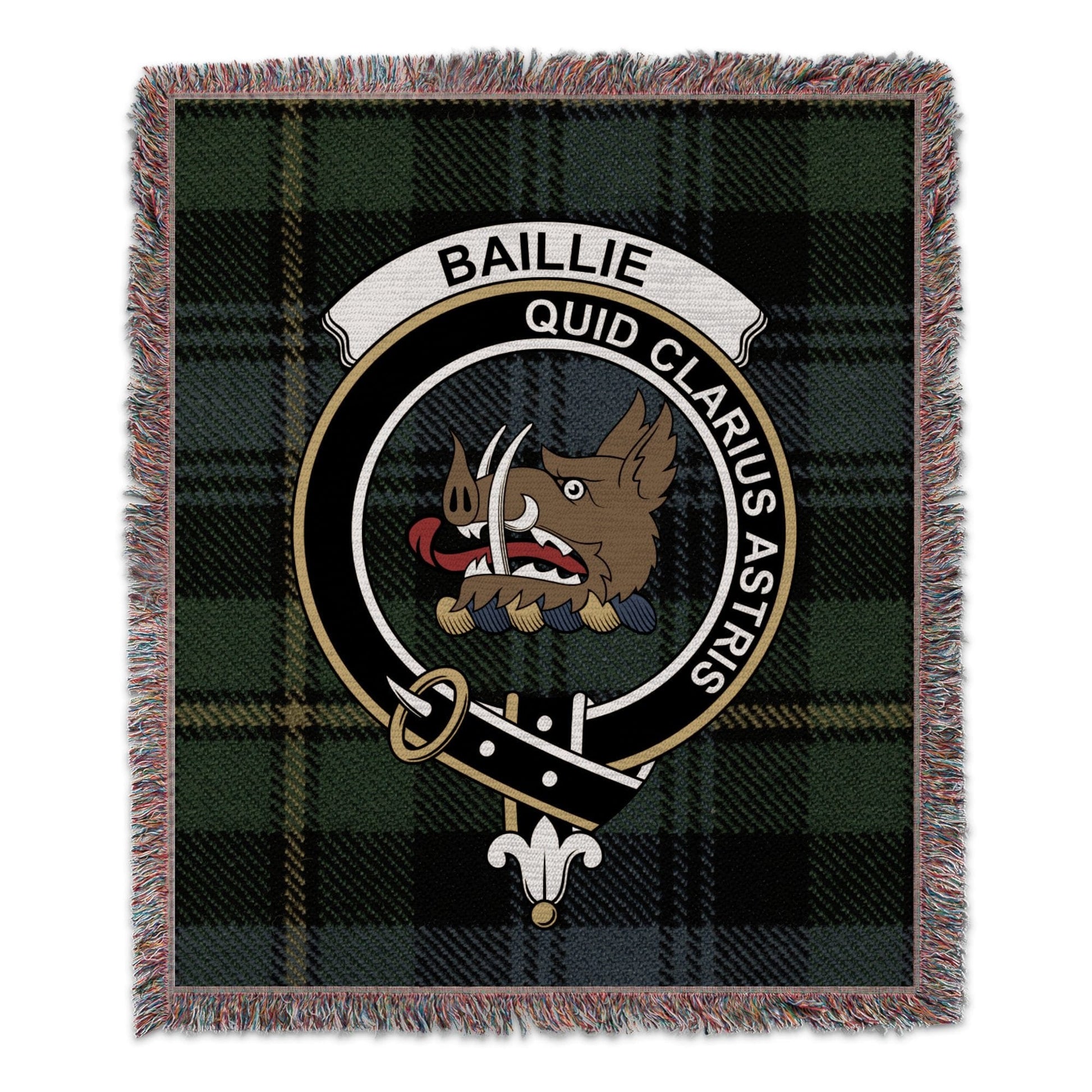 Physical Item 50" x 60" Baillie Clan Crest on Tartan Background Woven Blanket