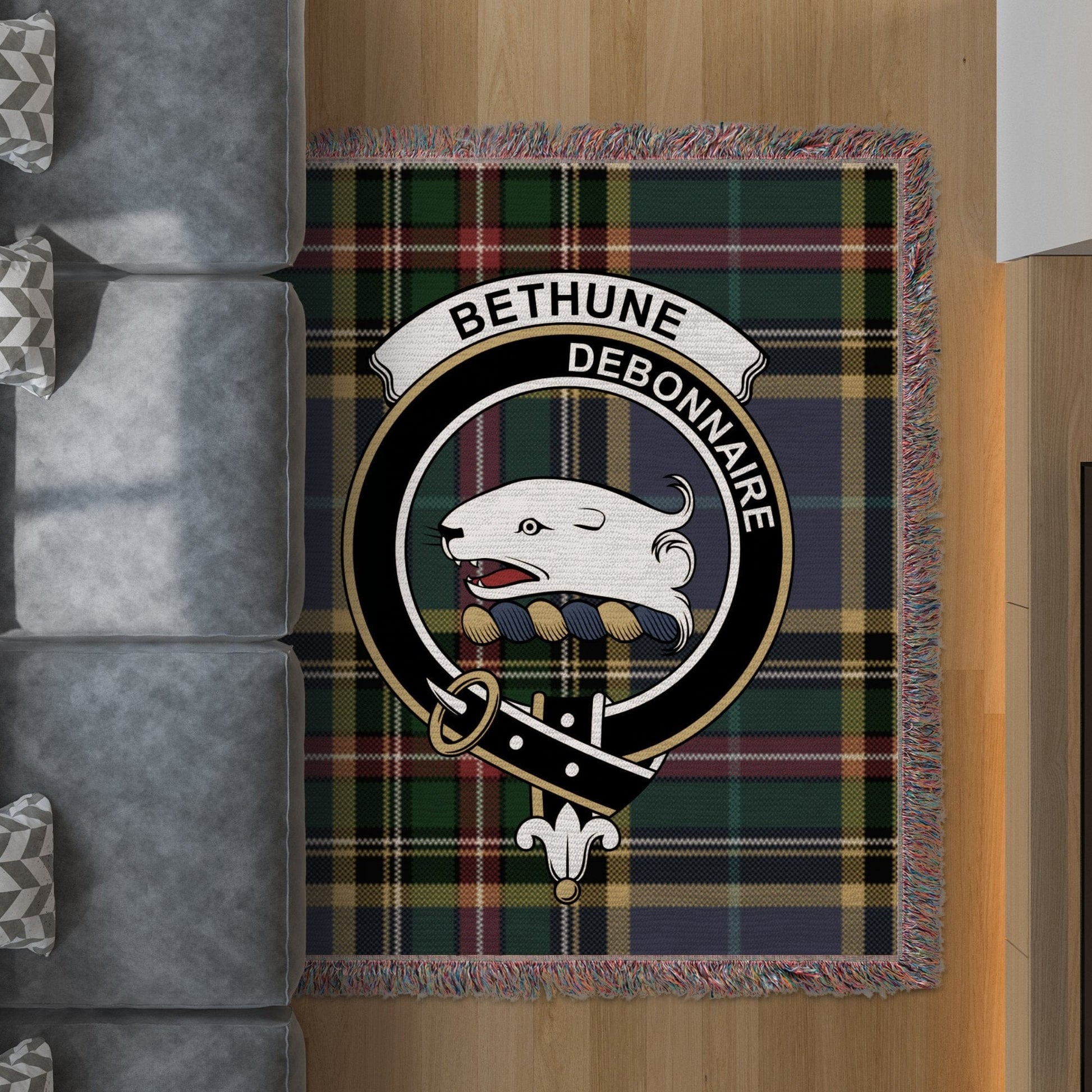 Physical Item 50" x 60" Bethune Clan Crest on Scottish Tartan Woven Blanket