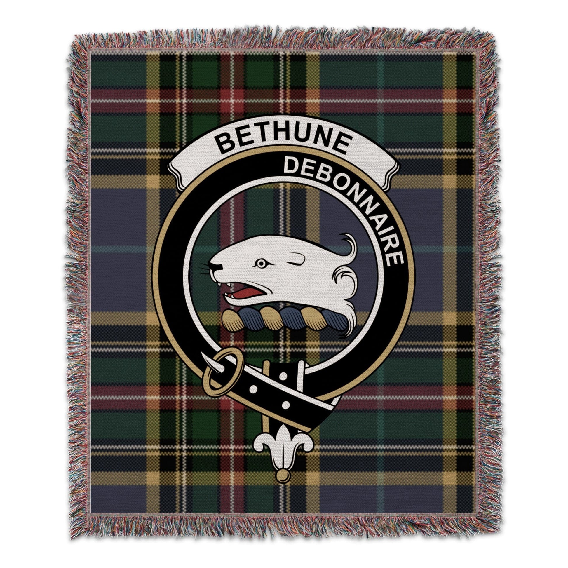 Physical Item 50" x 60" Bethune Clan Crest on Scottish Tartan Woven Blanket