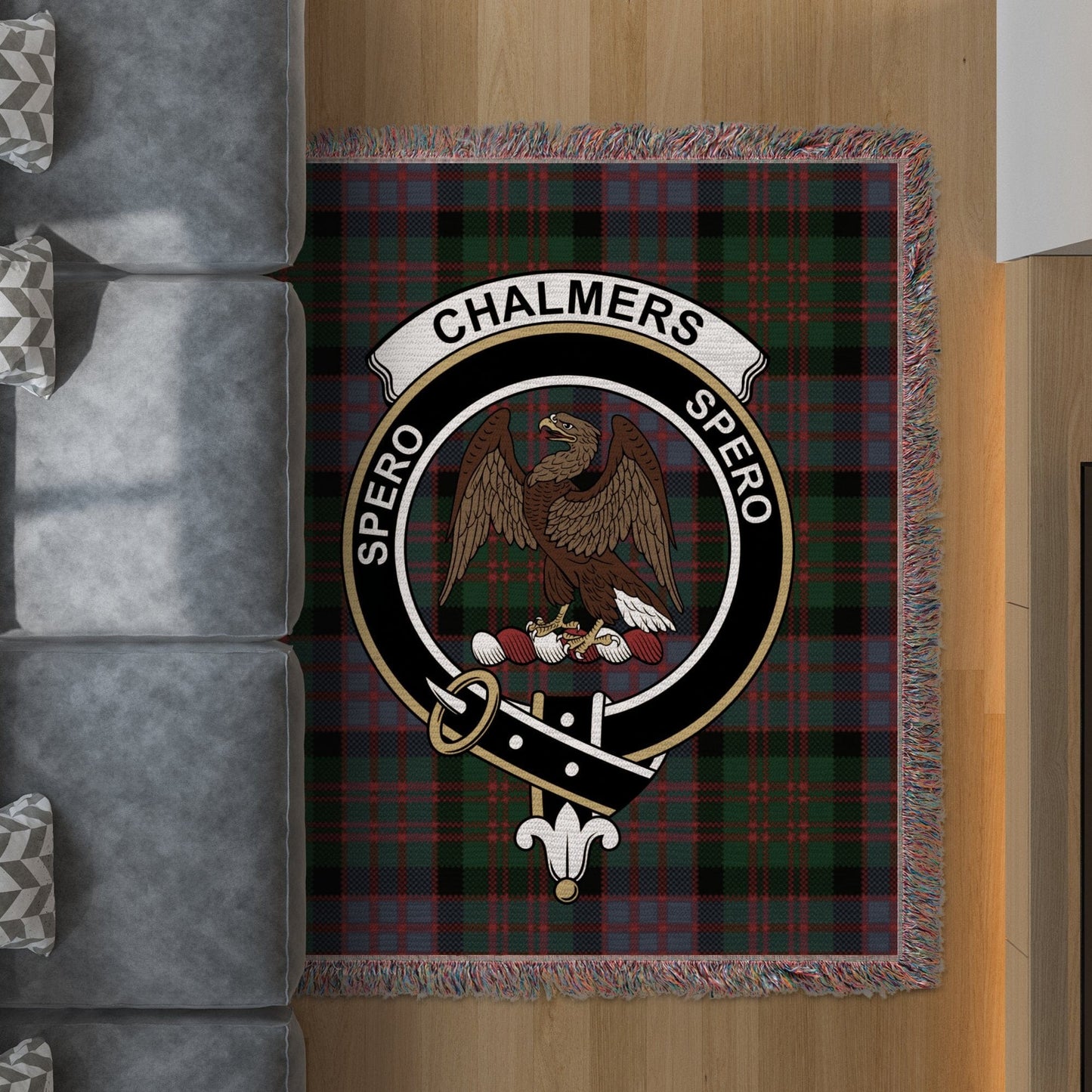 Physical Item 50" x 60" Chalmers Clan Crest Tartan Background Woven Blanket