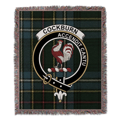 Physical Item 50" x 60" Cockburn Scottish Clan Crest on Tartan Background Woven Blanket