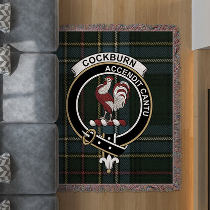 Physical Item 50" x 60" Cockburn Scottish Clan Crest on Tartan Background Woven Blanket