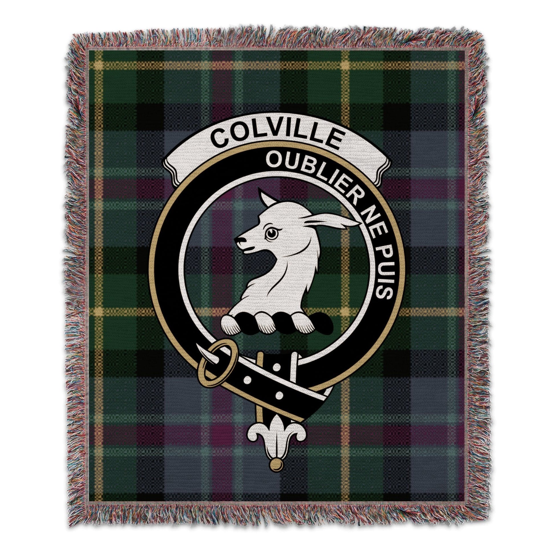 Physical Item 50" x 60" Colville Clan Scottish Tartan Crest Woven Blanket