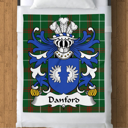 Physical Item 50" x 60" Danford Welsh Surname Coat of Arms Tartan Background Blanket