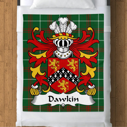 Physical Item 50" x 60" Dawkin Coat of Arms on Welsh Tartan Background Blanket