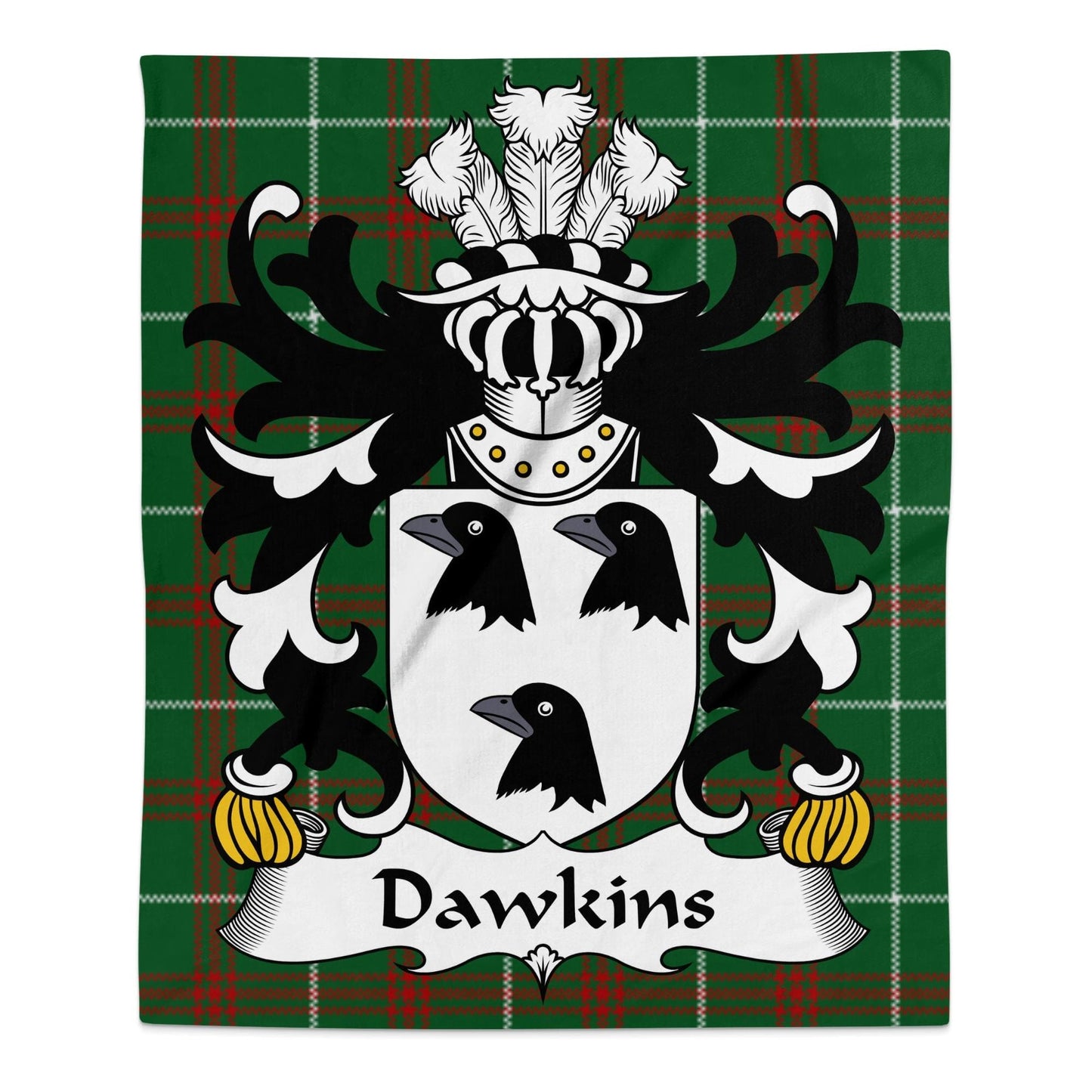 Physical Item 50" x 60" Dawkins Welsh Coat of Arms on National Tartan Background Blanket