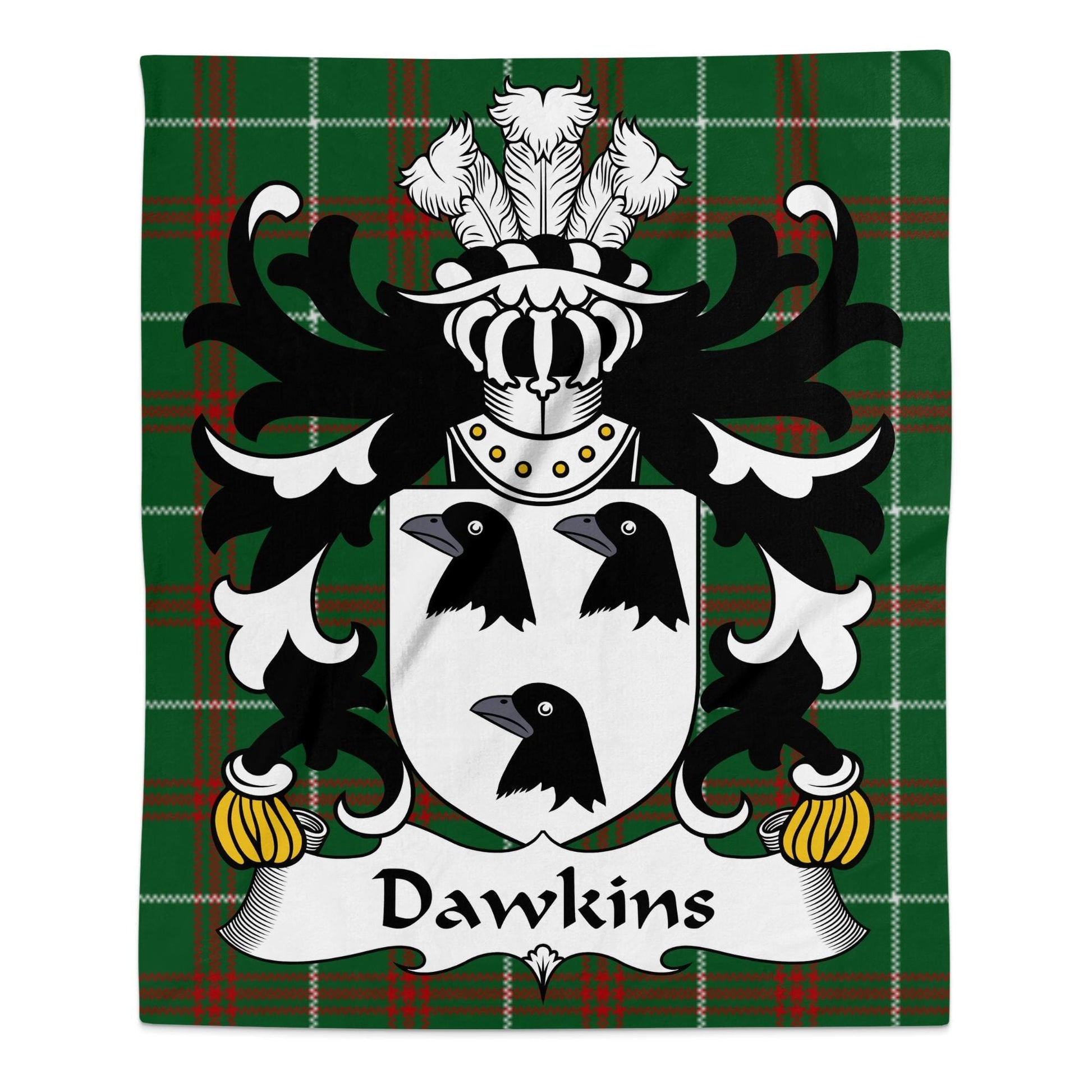 Physical Item 50" x 60" Dawkins Welsh Coat of Arms on National Tartan Background Blanket