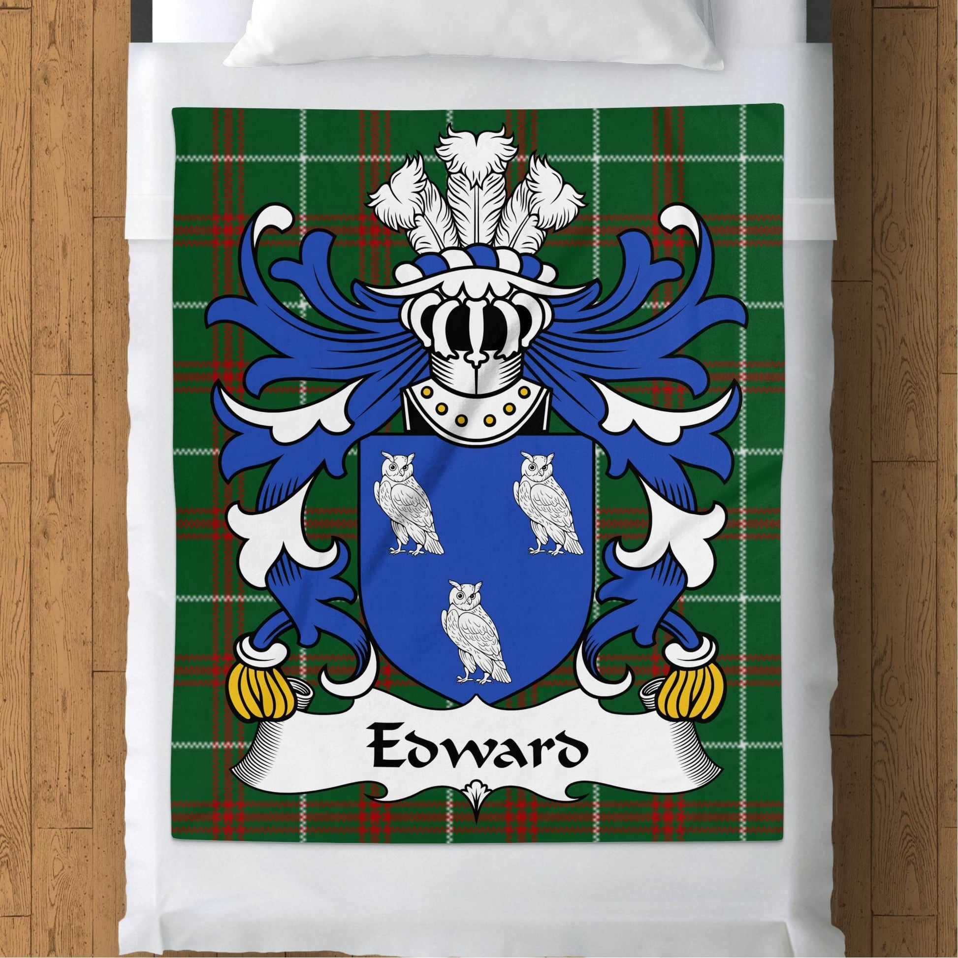 Physical Item 50" x 60" Edward Welsh Surname Coat of Arms on Tartan Background Blanket