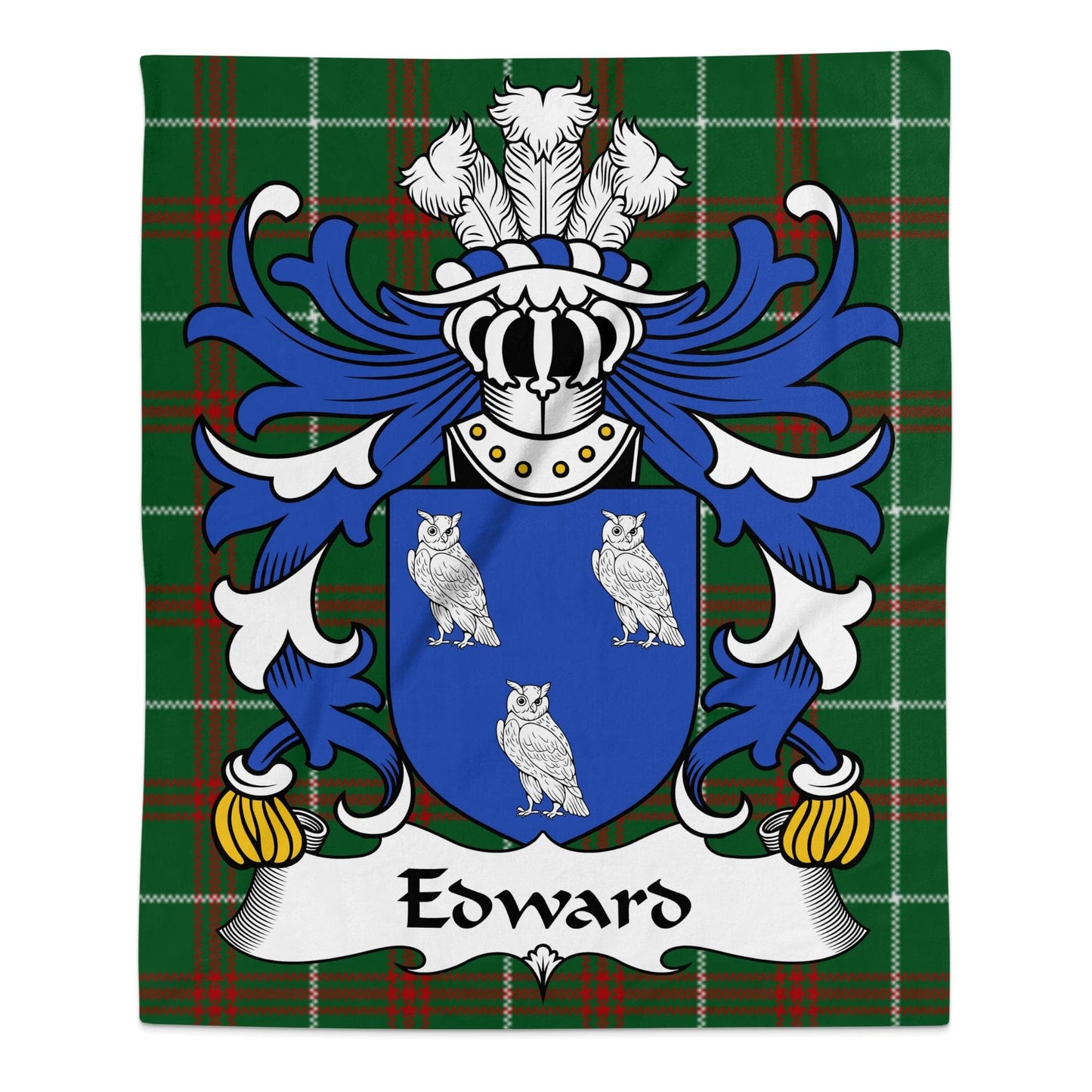 Physical Item 50" x 60" Edward Welsh Surname Coat of Arms on Tartan Background Blanket