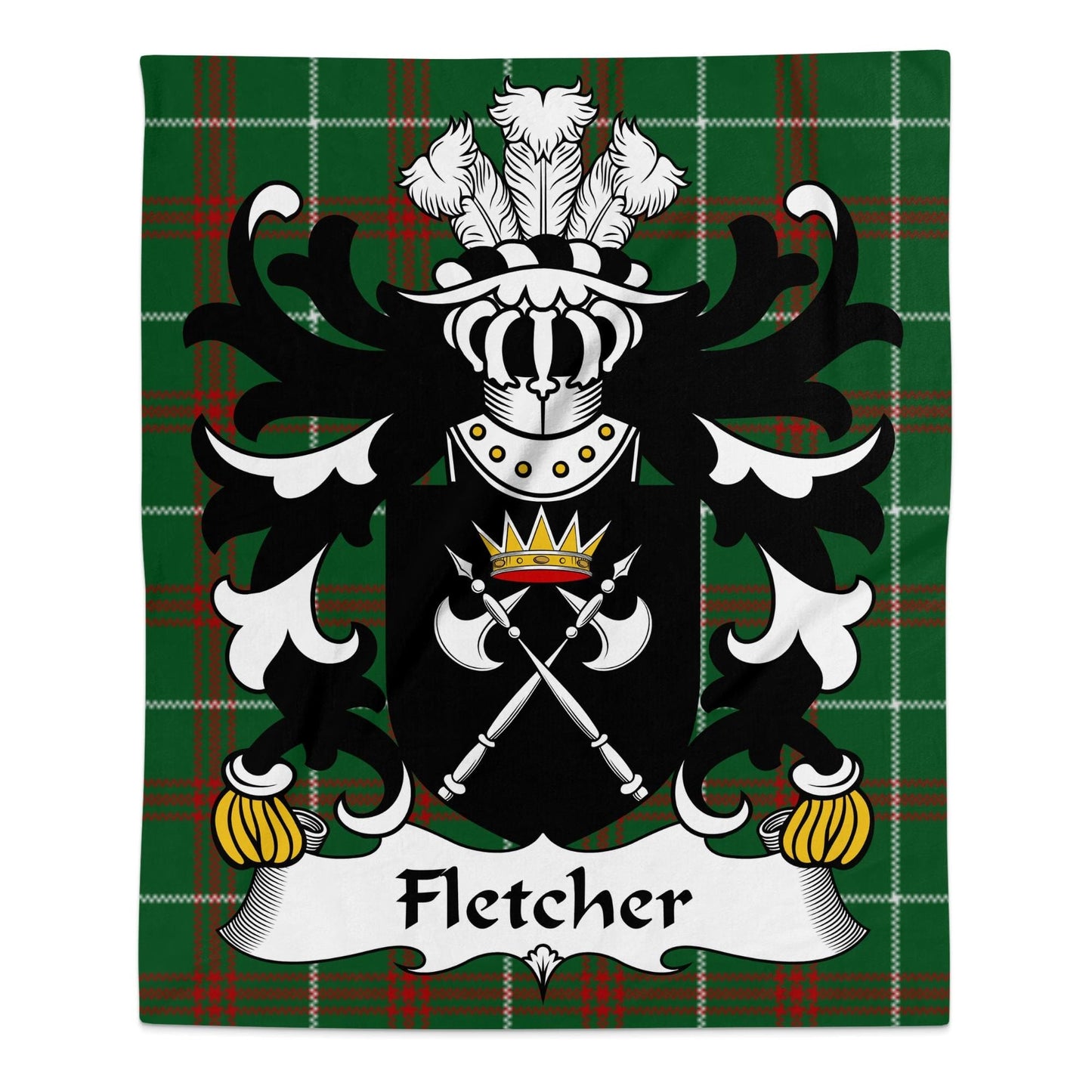 Physical Item 50" x 60" Fletcher Welsh Surname Coat of Arms on Welsh Tartan Blanket