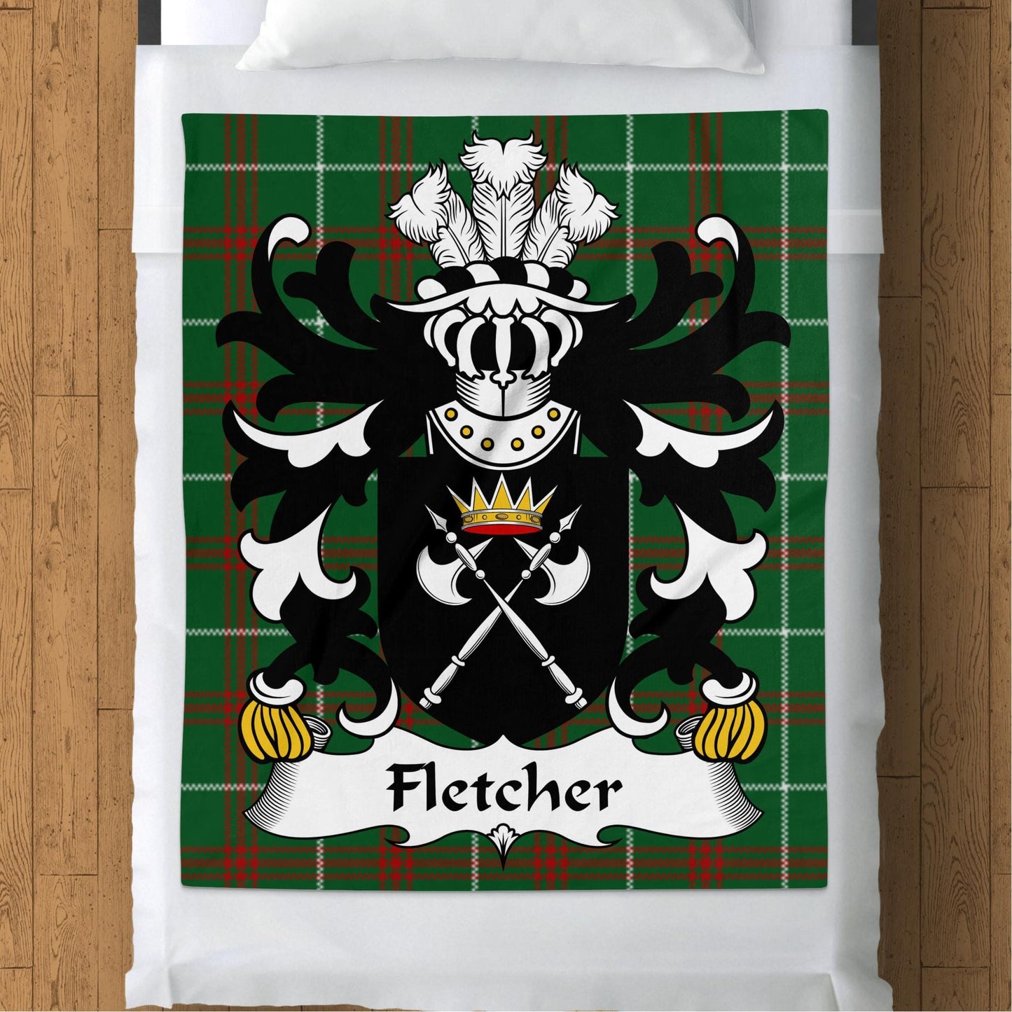 Physical Item 50" x 60" Fletcher Welsh Surname Coat of Arms on Welsh Tartan Blanket