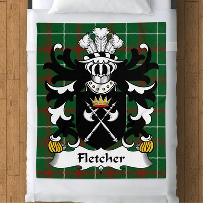 Physical Item 50" x 60" Fletcher Welsh Surname Coat of Arms on Welsh Tartan Blanket