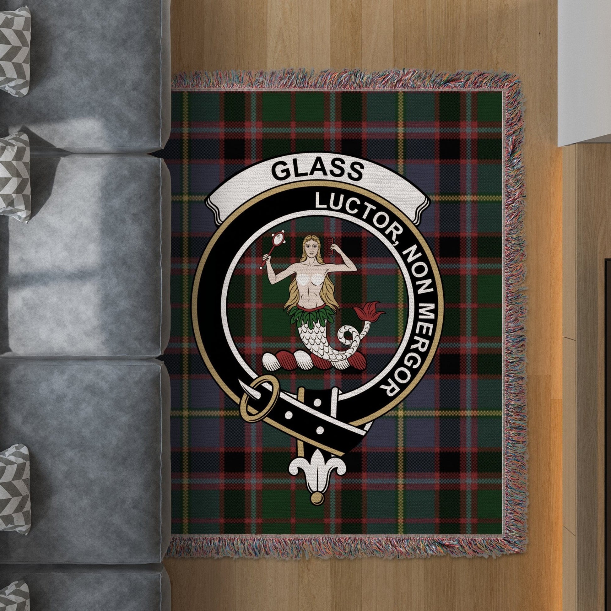 Physical Item 50" x 60" Glass Clan Scottish Tartan Crest background woven blanket