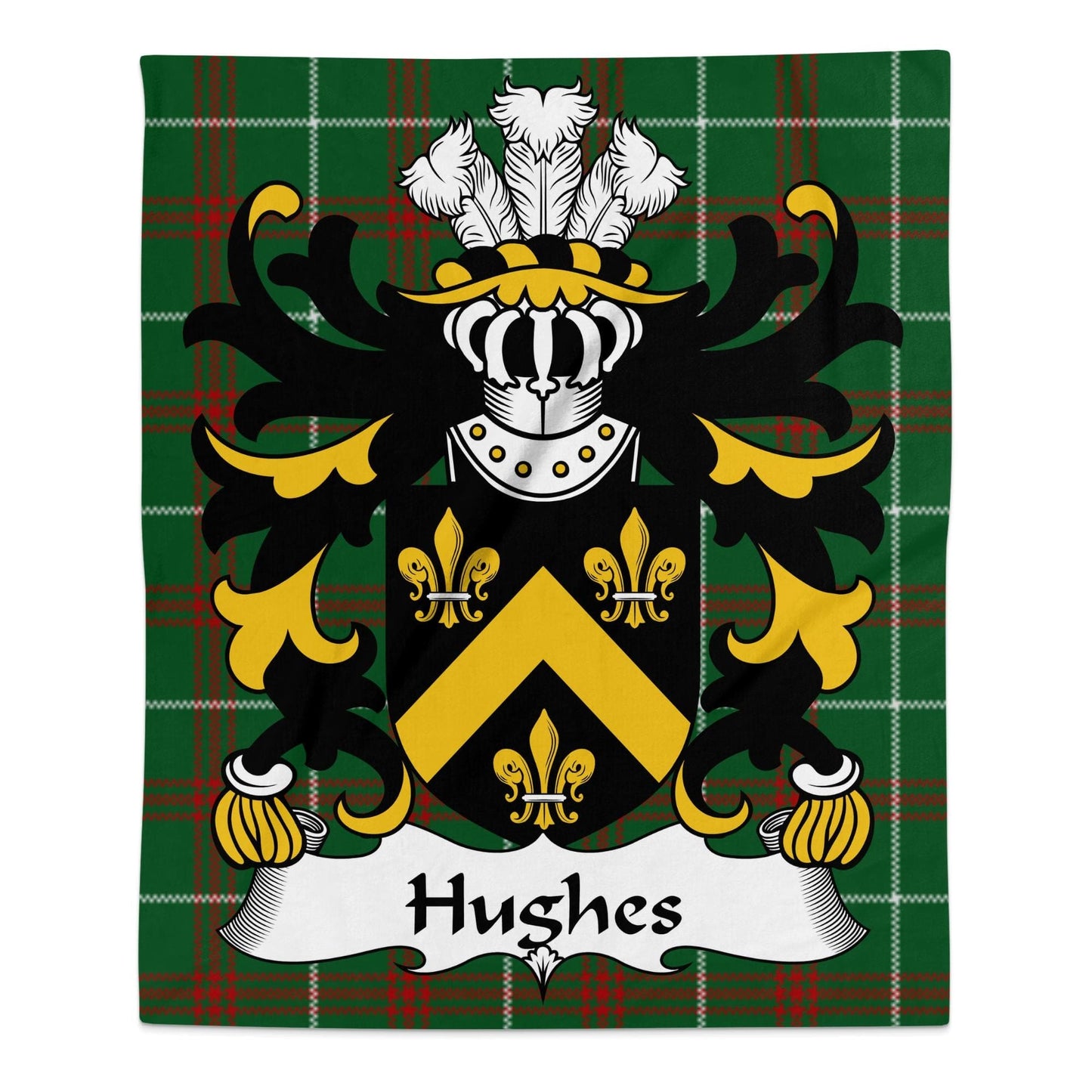 Physical Item 50" x 60" Hughes Welsh Surname Coat of Arms Tartan Background Blanket