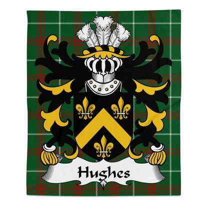 Physical Item 50" x 60" Hughes Welsh Surname Coat of Arms Tartan Background Blanket