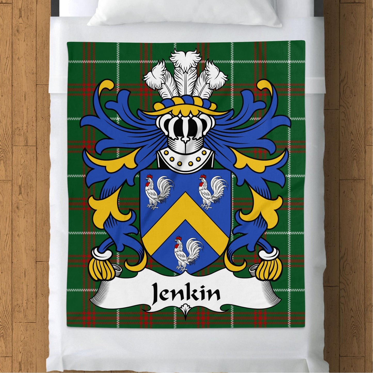 Physical Item 50" x 60" Jenkin Welsh Surname Coat of Arms on Tartan Background Blanket