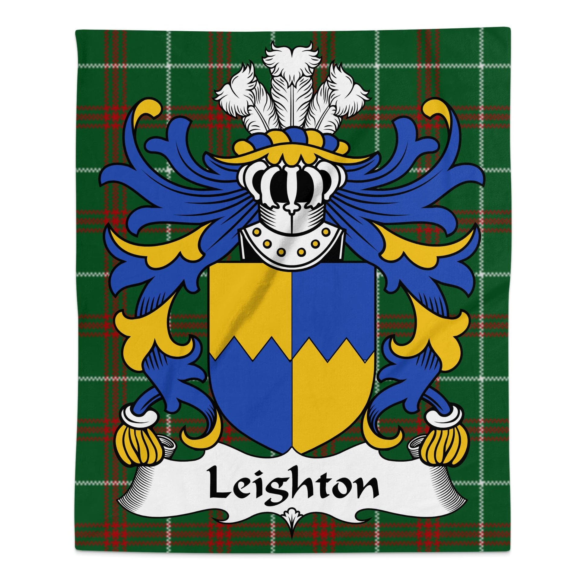 Physical Item 50" x 60" Leighton Welsh Surname Coat of Arms Tartan Background Blanket