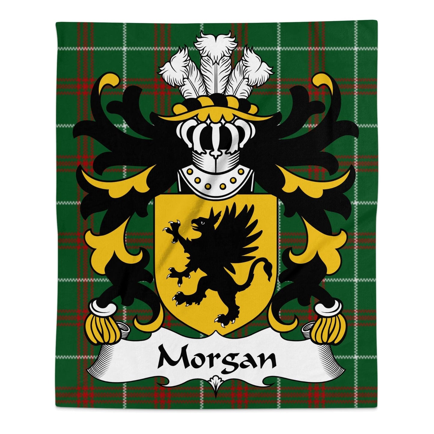 Physical Item 50" x 60" Morgan Coat of Arms on Tartan Background Blanket