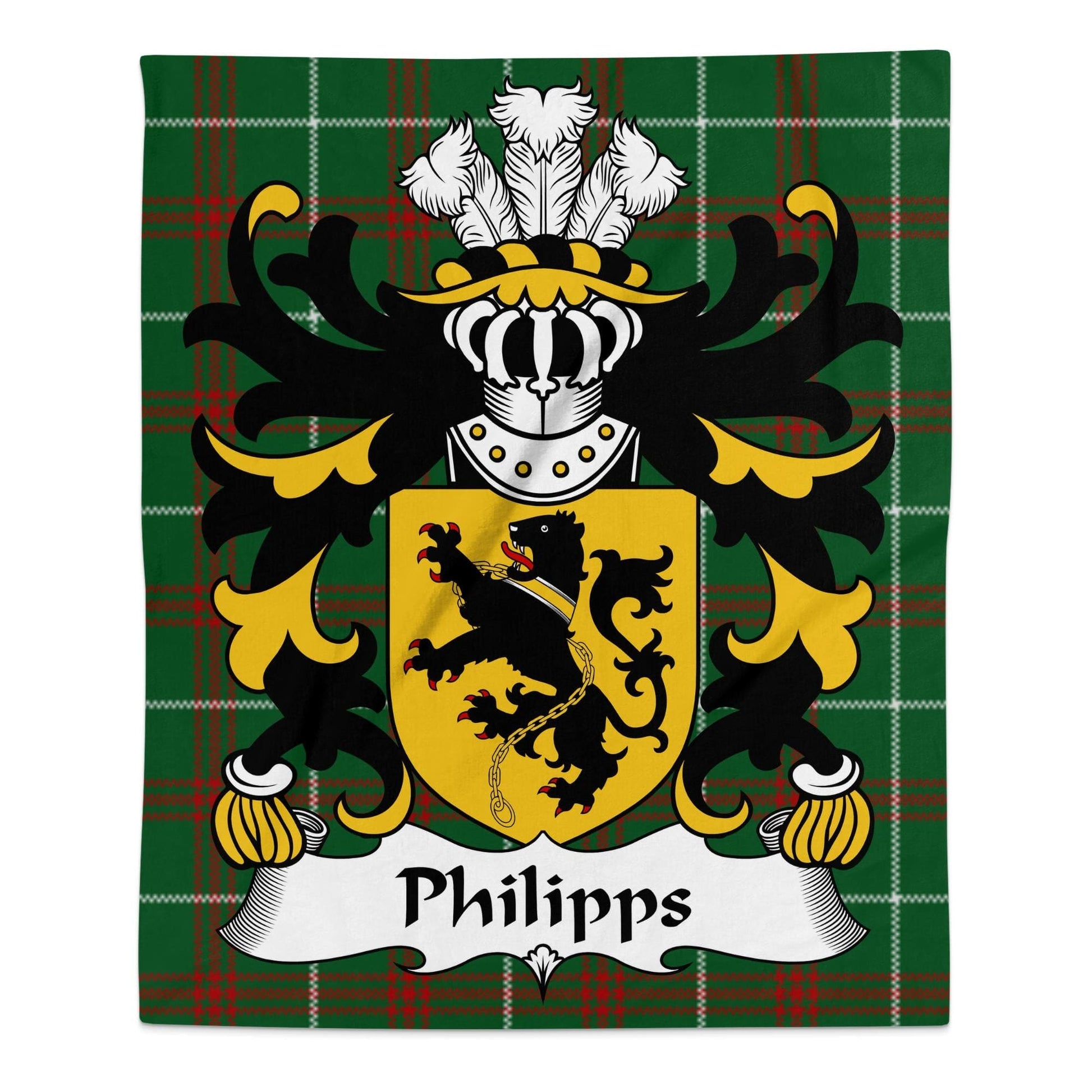 Physical Item 50" x 60" Philipps Surname Coat of Arms on Welsh National Tartan Blanket