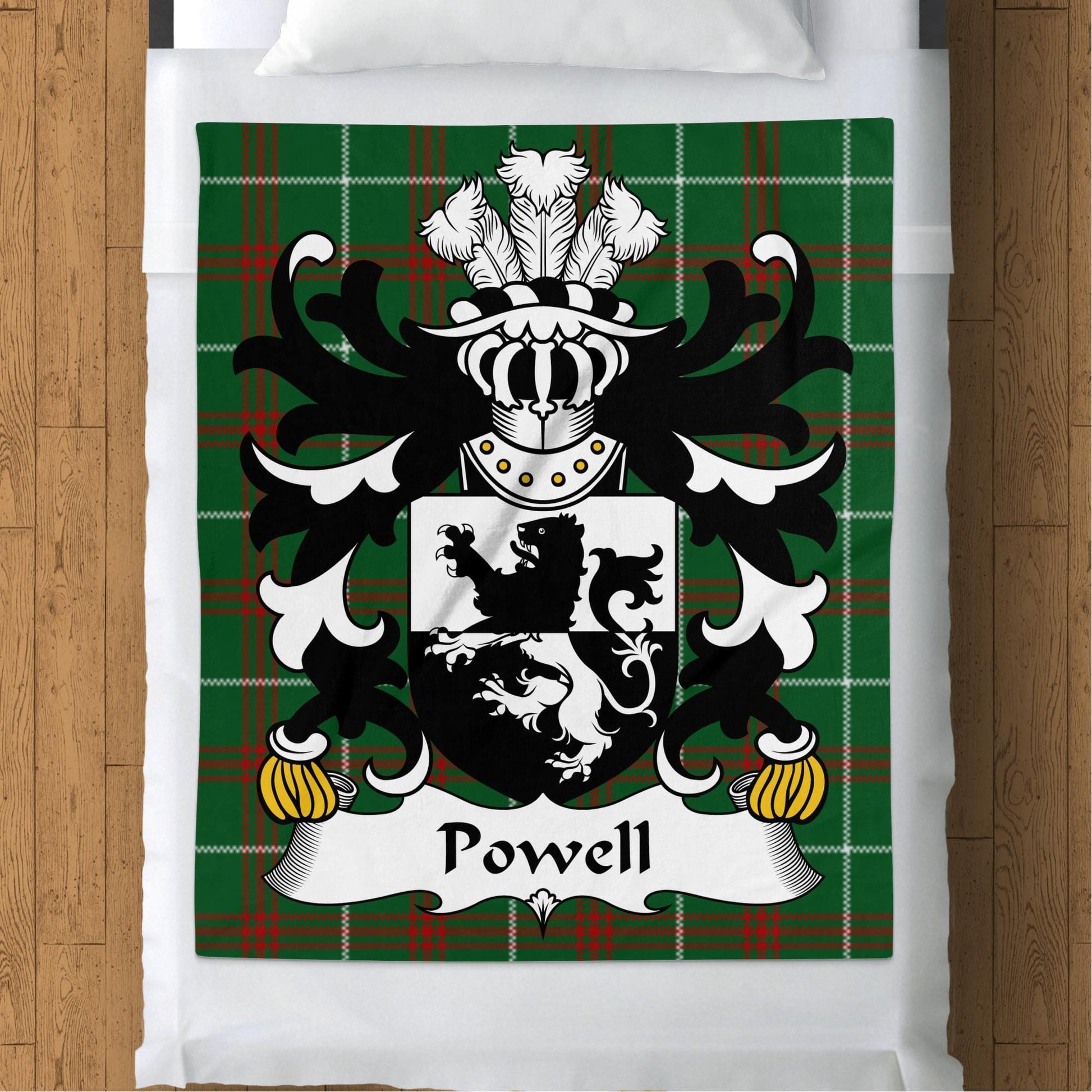 Physical Item 50" x 60" Powell Welsh Surname Coat of Arms Tartan Background Blanket