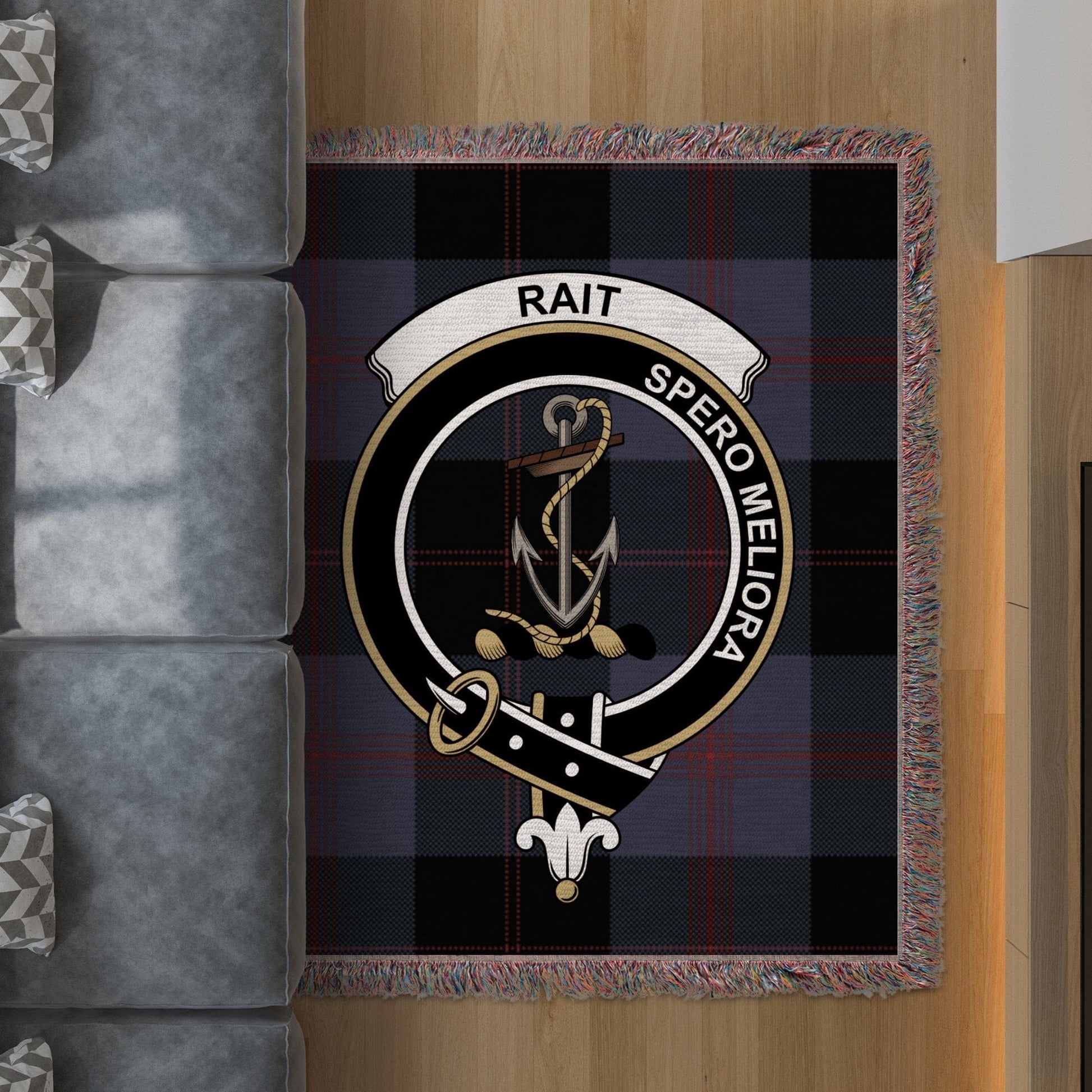 Physical Item 50" x 60" Rait Clan Tartan Crest Design Woven Blanket