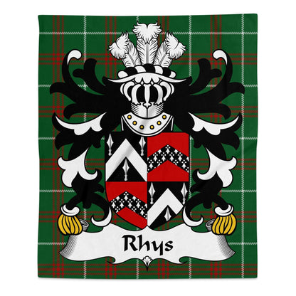 Physical Item 50" x 60" Rhys Surname Coat of Arms on Welsh Tartan Blanket