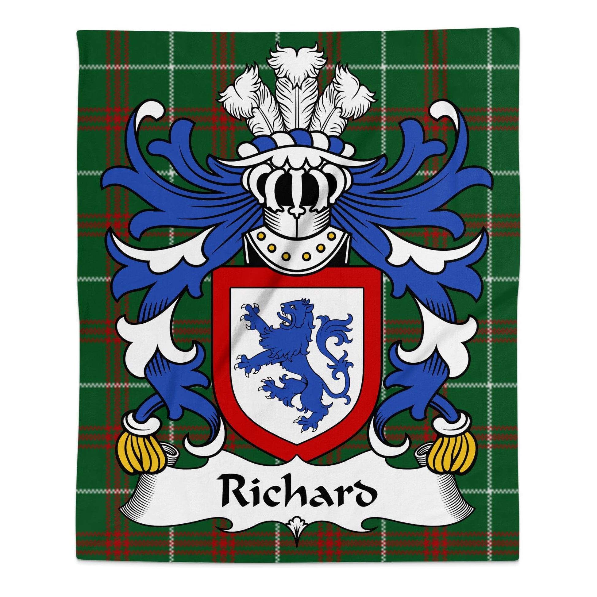 Physical Item 50" x 60" Richard Welsh Surname Coat of Arms Tartan Blanket