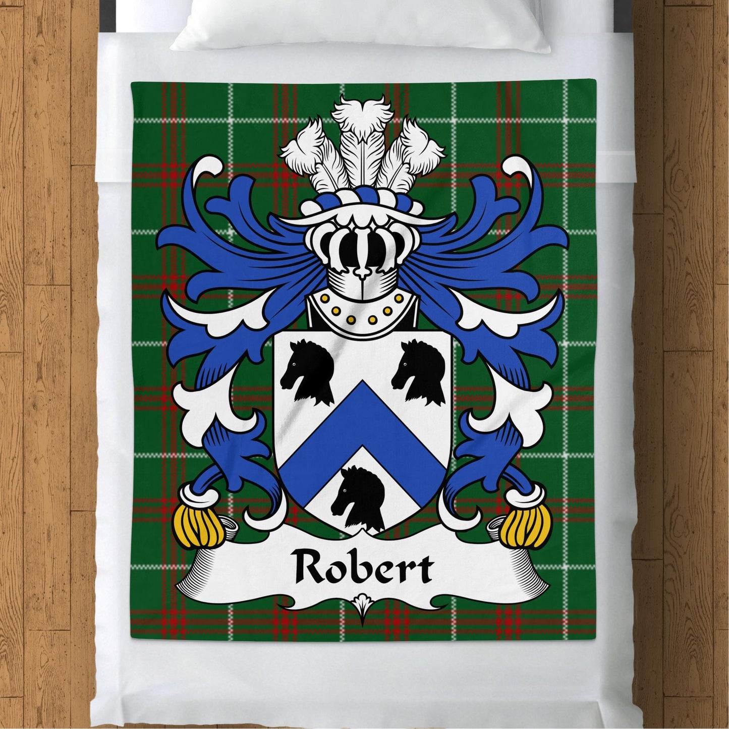 Physical Item 50" x 60" Robert Welsh Surname Coat of Arms Tartan Background Blanket