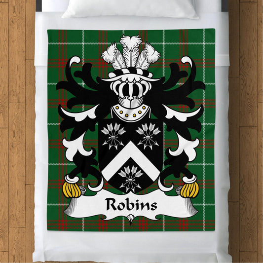 Physical Item 50" x 60" Robins Welsh Surname Coat of Arms on National Tartan Blanket