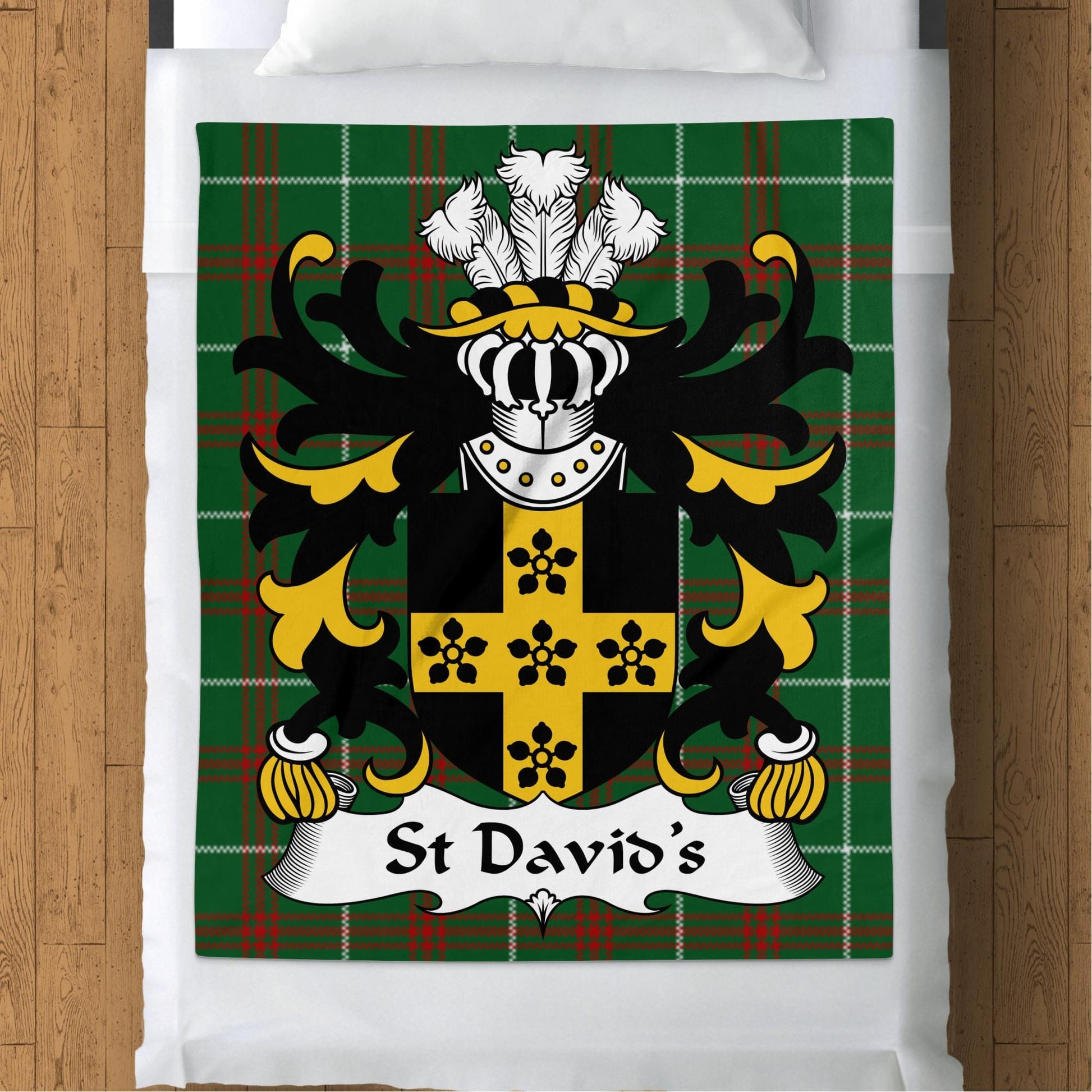 Physical Item 50" x 60" St David's Coat of Arms on Welsh National Tartan Blanket