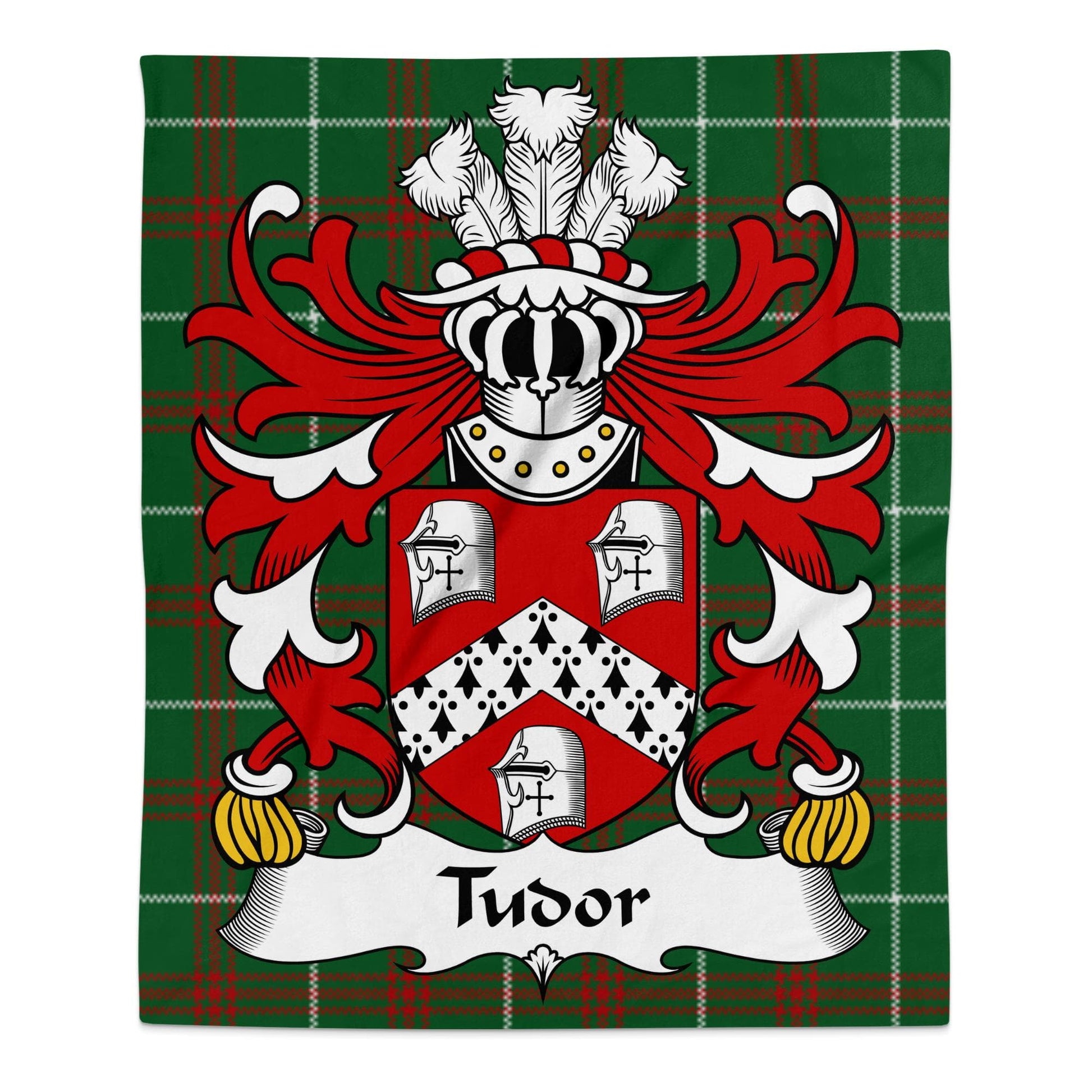 Physical Item 50" x 60" Tudor Welsh Surname Coat of Arms on Welsh Tartan Blanket